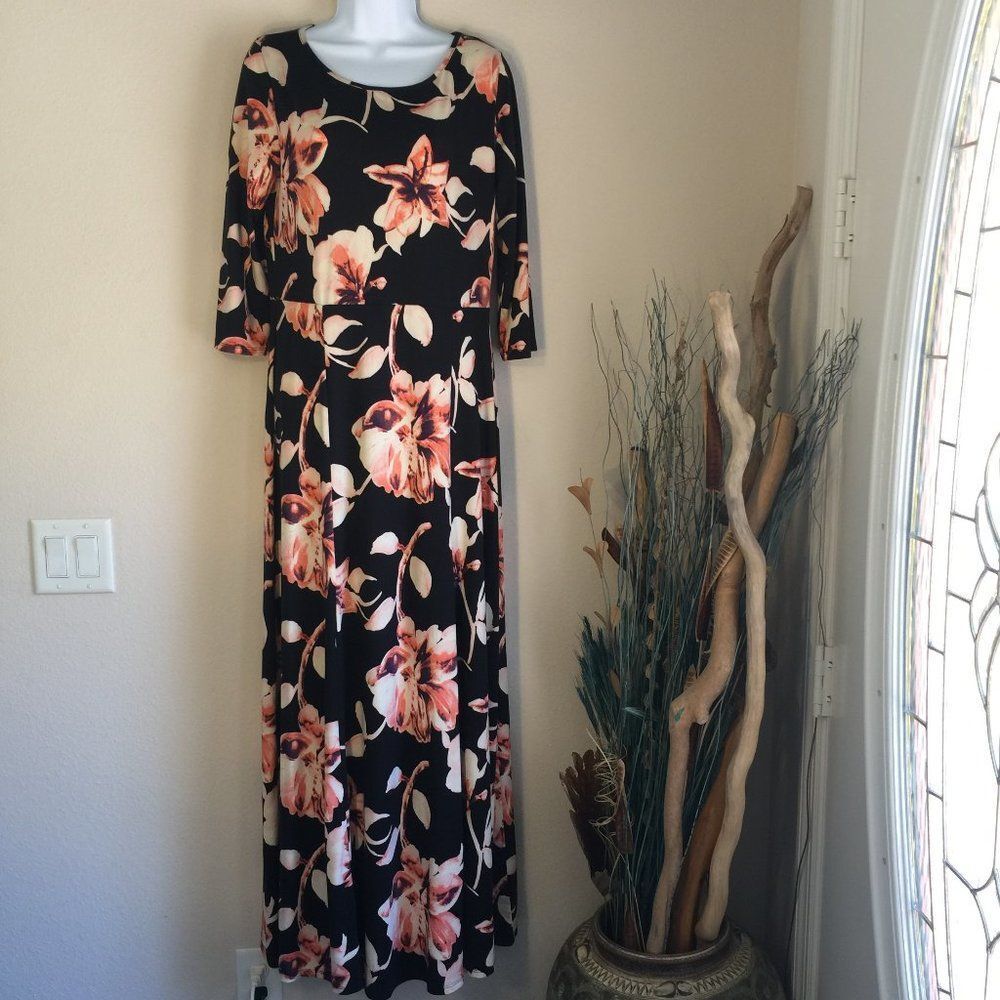 Lara Fashion Floral Maxi Sheath Dress 3/4 Sleeve Black Peach